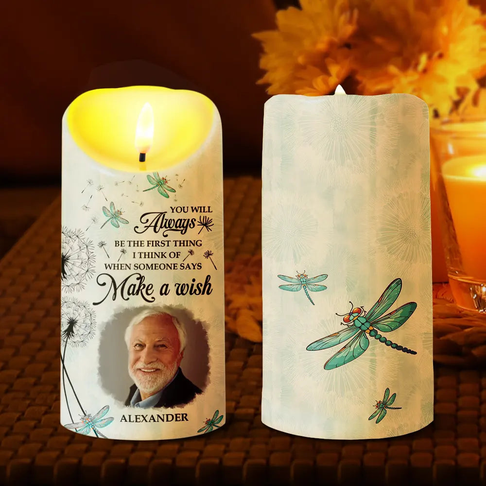 Memorial, Gift For Husband, Gift For Wife, Gift For Mother, Gift For Father, Gift For Grandpa, Gift For Grandma, Gift For Daughter, Gift For Son, Gift For Sibling, Gift For Sisters, Gift For Brothers ,Family  - Custom Photo Memorial Dandelion Make A Wish - Personalized Flameless LED Candle
