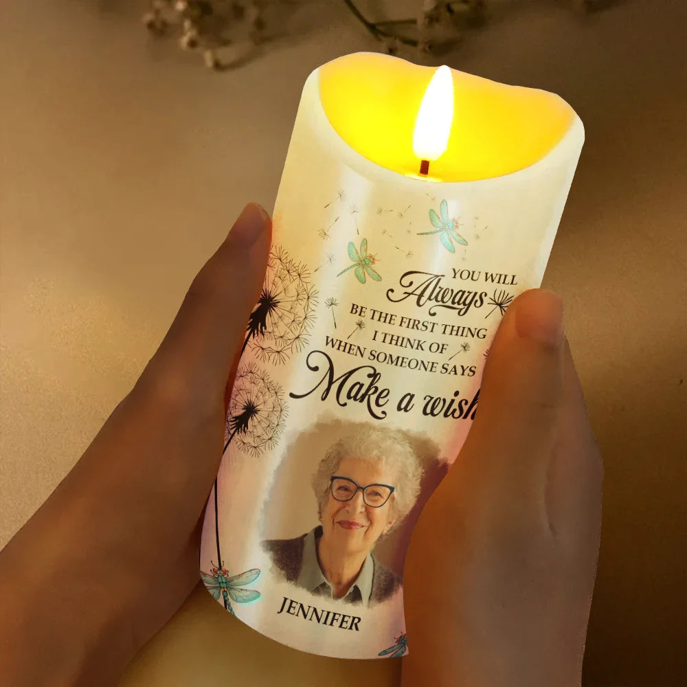 Memorial, Gift For Husband, Gift For Wife, Gift For Mother, Gift For Father, Gift For Grandpa, Gift For Grandma, Gift For Daughter, Gift For Son, Gift For Sibling, Gift For Sisters, Gift For Brothers ,Family  - Custom Photo Memorial Dandelion Make A Wish - Personalized Flameless LED Candle
