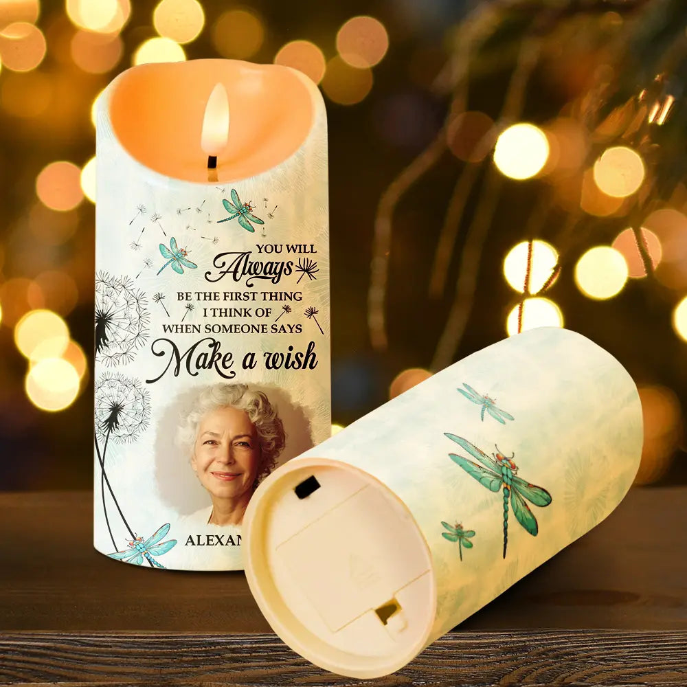 Memorial, Gift For Husband, Gift For Wife, Gift For Mother, Gift For Father, Gift For Grandpa, Gift For Grandma, Gift For Daughter, Gift For Son, Gift For Sibling, Gift For Sisters, Gift For Brothers ,Family  - Custom Photo Memorial Dandelion Make A Wish - Personalized Flameless LED Candle
