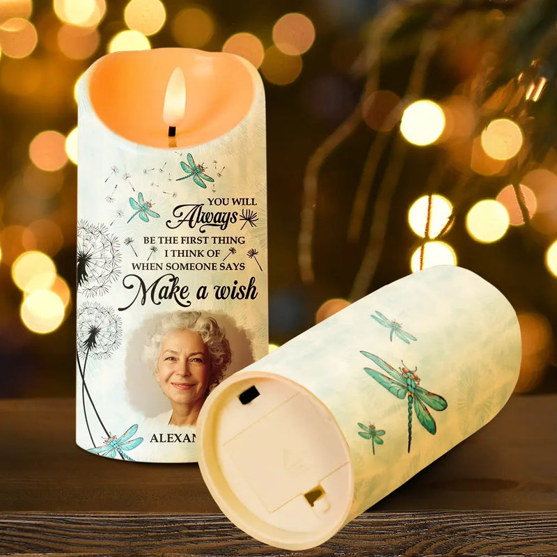 Memorial, Gift For Husband, Gift For Wife, Gift For Mother, Gift For Father, Gift For Grandpa, Gift For Grandma, Gift For Daughter, Gift For Son, Gift For Sibling, Gift For Sisters, Gift For Brothers ,Family  - Custom Photo Memorial Dandelion Make A Wish - Personalized Flameless LED Candle
