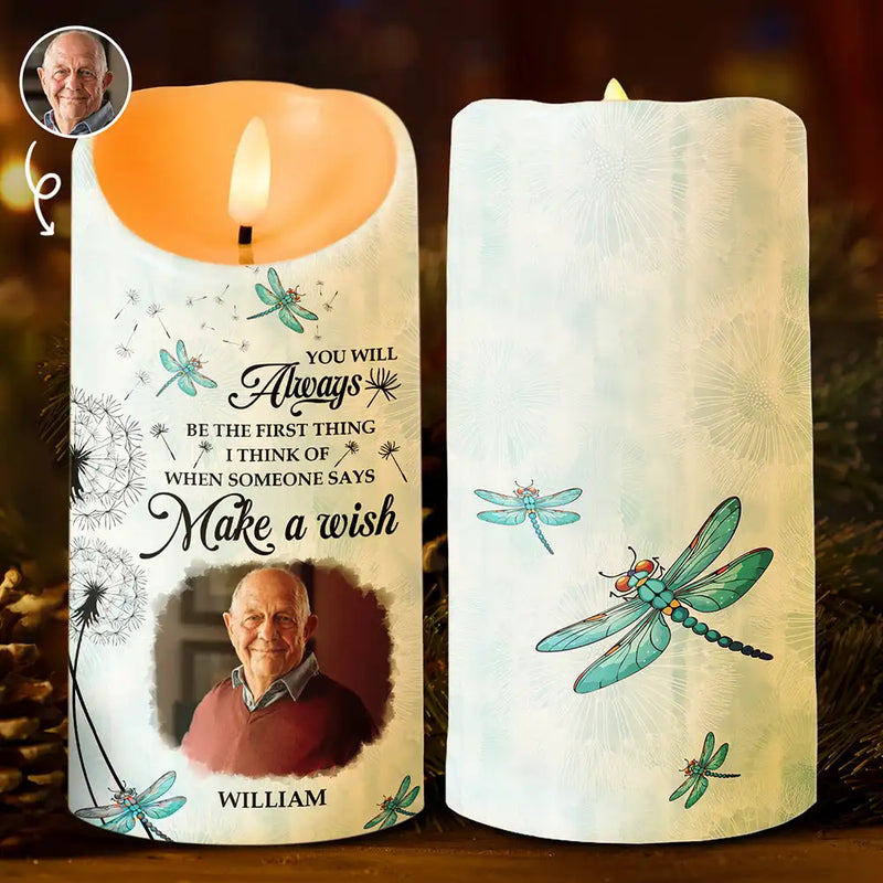 Memorial, Gift For Husband, Gift For Wife, Gift For Mother, Gift For Father, Gift For Grandpa, Gift For Grandma, Gift For Daughter, Gift For Son, Gift For Sibling, Gift For Sisters, Gift For Brothers ,Family  - Custom Photo Memorial Dandelion Make A Wish - Personalized Flameless LED Candle
