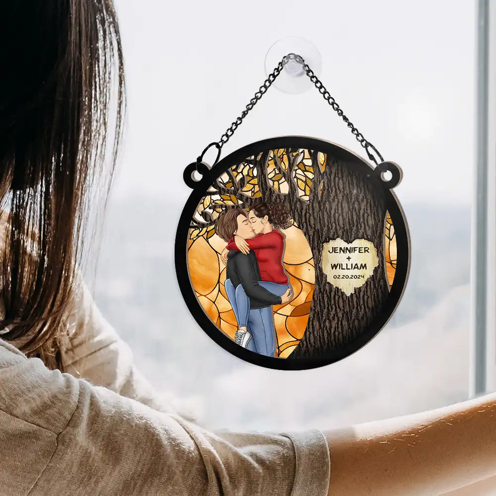 Gift For Couples,Gift For Husband,Gift For Wife,Gift For Boyfriend,Gift For Girlfriend,Love - Mr & Mrs By The Tree - Personalized Window Hanging Suncatcher Ornament