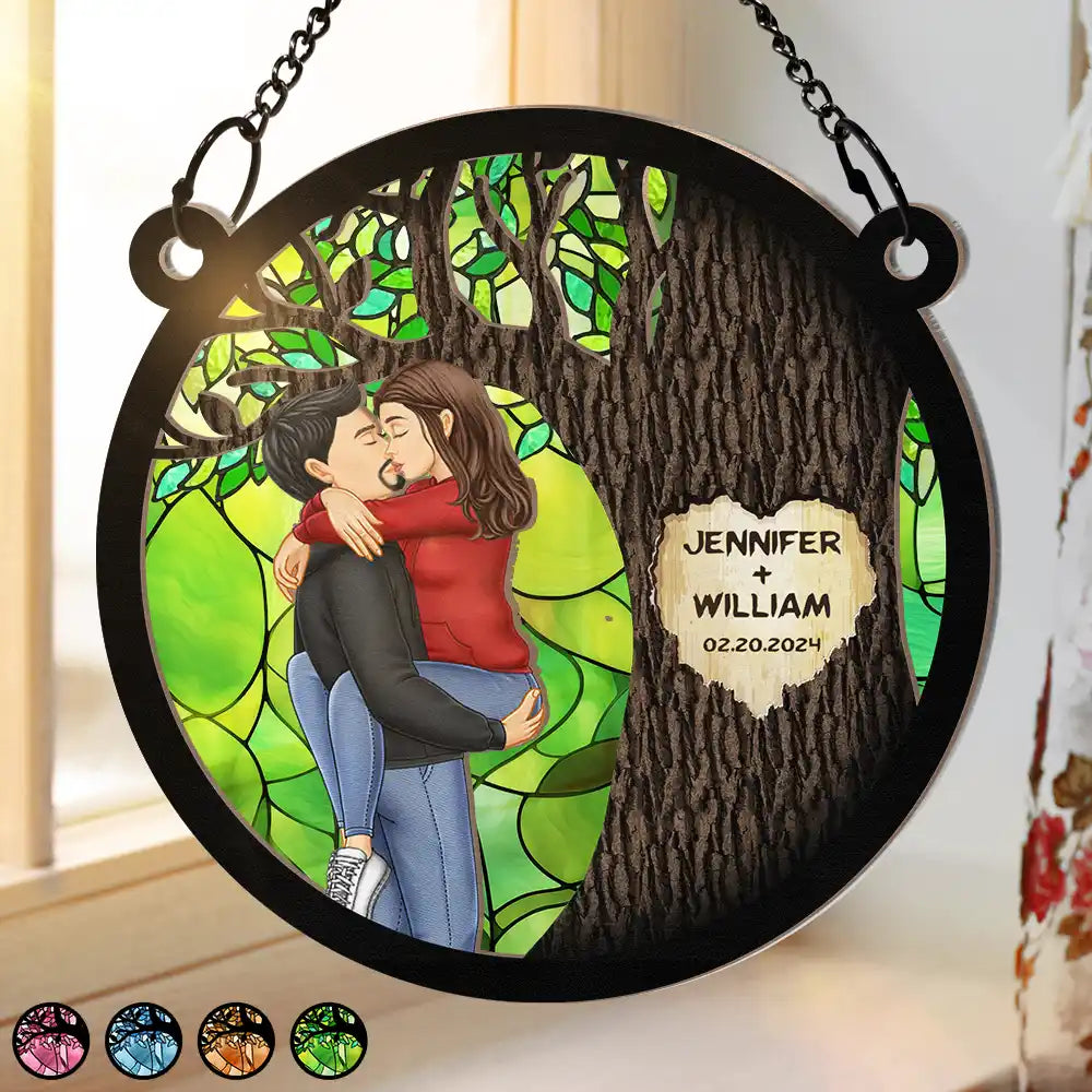 Gift For Couples,Gift For Husband,Gift For Wife,Gift For Boyfriend,Gift For Girlfriend,Love - Mr & Mrs By The Tree - Personalized Window Hanging Suncatcher Ornament