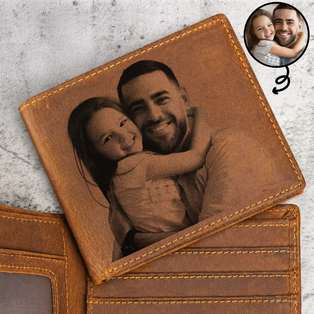 Portefeuille en cuir gravé personnalisé avec photo pour garder de beaux souvenirs avec papa