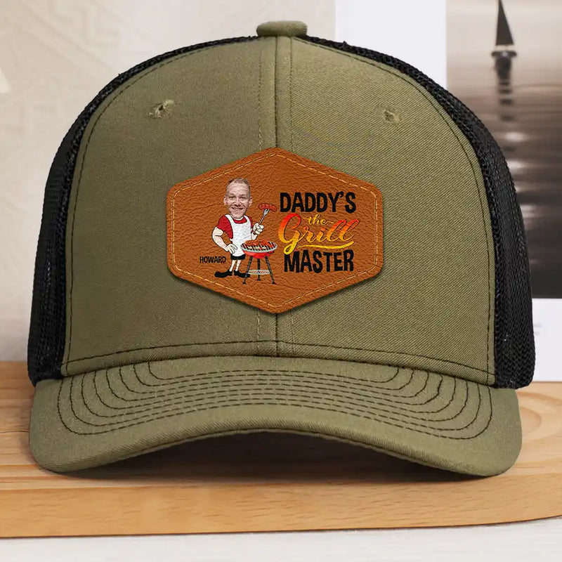 Gift For Father,Gift For Grandpa,Grilling - Custom Photo Papa The Grill Master BBQ Dad Grandpa - Personalized Leather Patch Hat