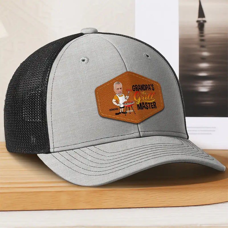 Gift For Father,Gift For Grandpa,Grilling - Custom Photo Papa The Grill Master BBQ Dad Grandpa - Personalized Leather Patch Hat