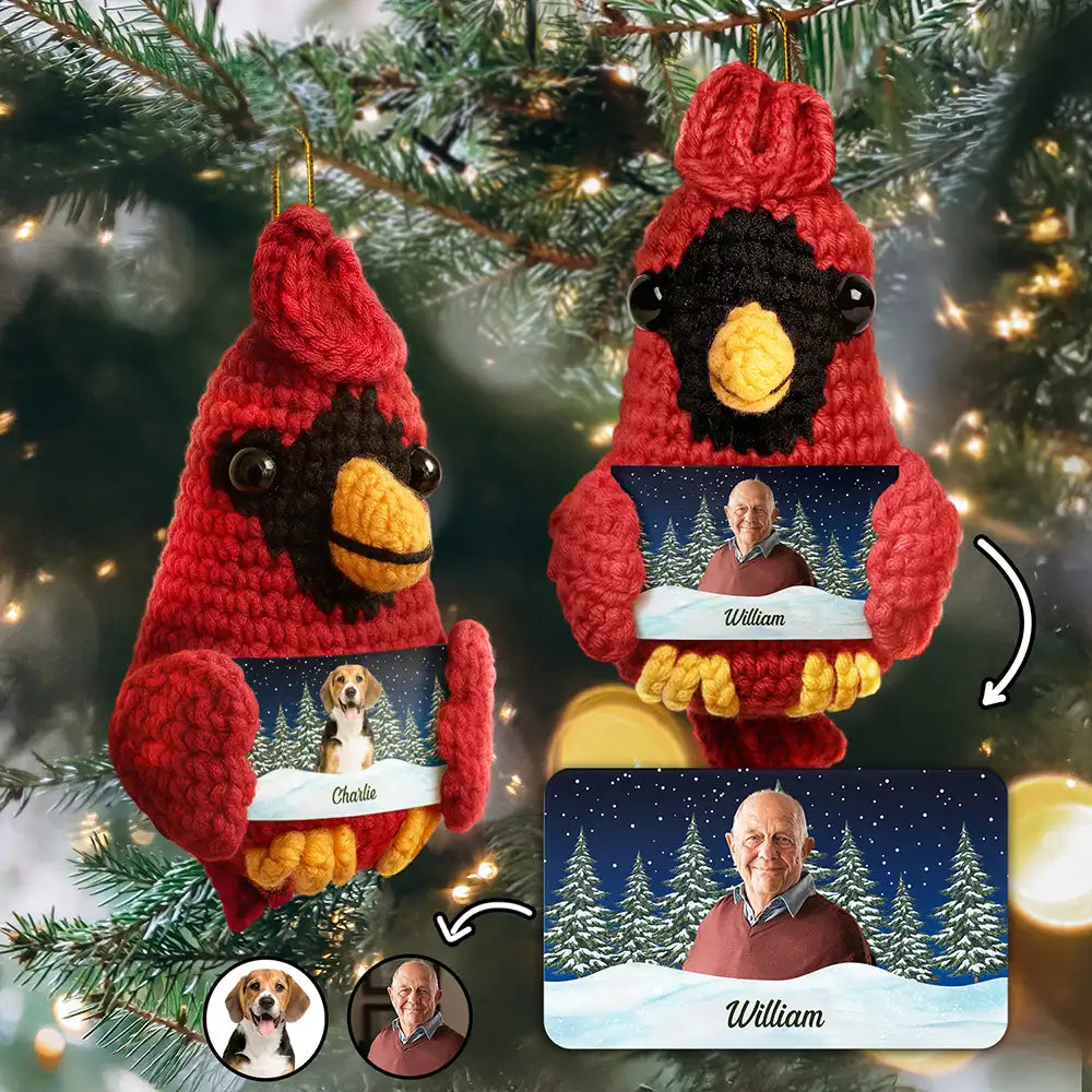 Custom Photo Memorial Pet Family Face - Personalized Crochet Cardinal Bird Hanging Decoration