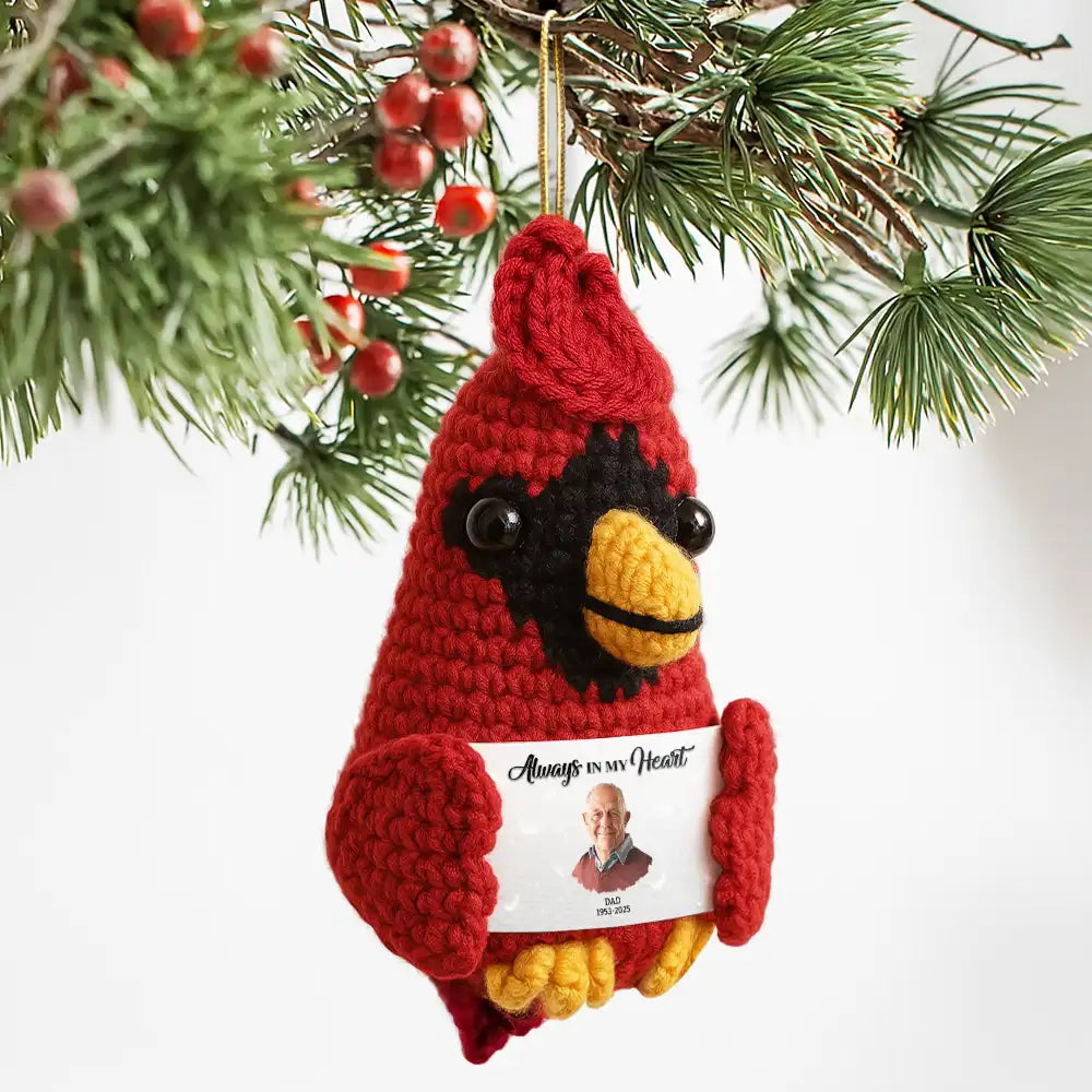 Family,Memorial,Sad,Christmas - Custom Photo Memorial Always In Our Heart - Personalized Crochet Cardinal Bird Hanging Decoration