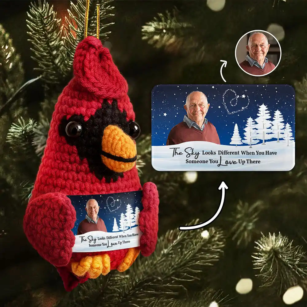Custom Photo The Sky Looks Different Memorial - Personalized Crochet Cardinal Bird Hanging Decoration