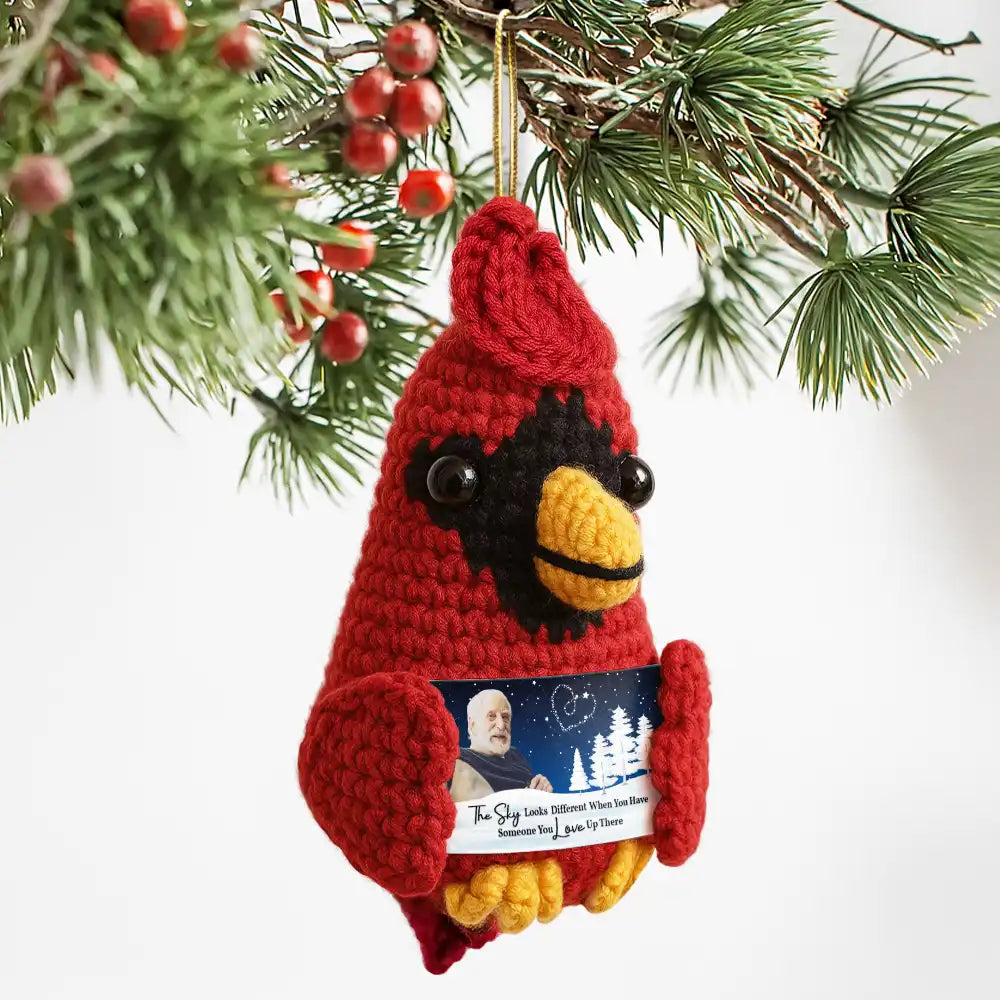 Family,Memorial,Sad,Christmas - Custom Photo The Sky Looks Different Memorial - Personalized Crochet Cardinal Bird Hanging Decoration
