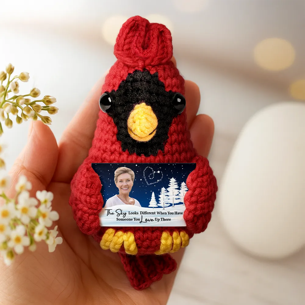 Family,Memorial,Sad,Christmas - Custom Photo The Sky Looks Different Memorial - Personalized Crochet Cardinal Bird Hanging Decoration