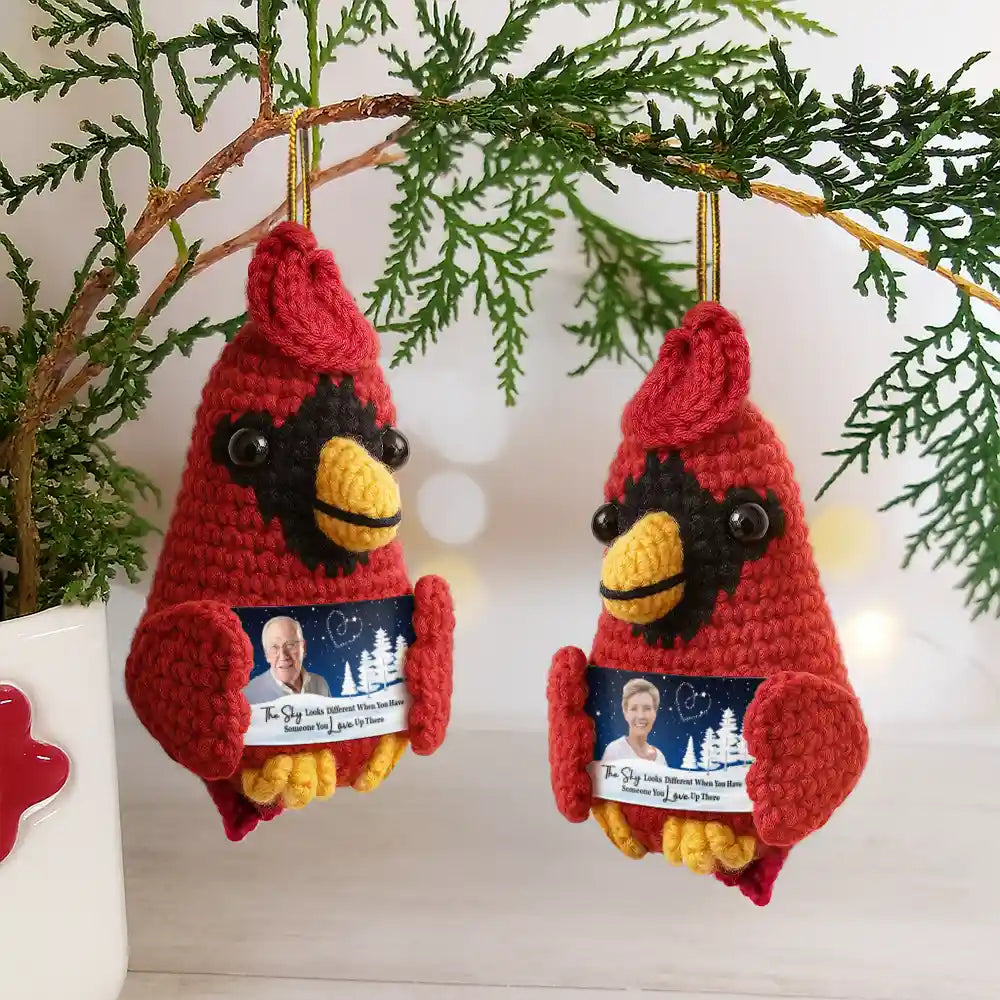 Family,Memorial,Sad,Christmas - Custom Photo The Sky Looks Different Memorial - Personalized Crochet Cardinal Bird Hanging Decoration