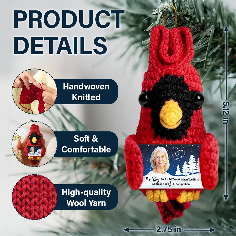 Family,Memorial,Sad,Christmas - Custom Photo The Sky Looks Different Memorial - Personalized Crochet Cardinal Bird Hanging Decoration
