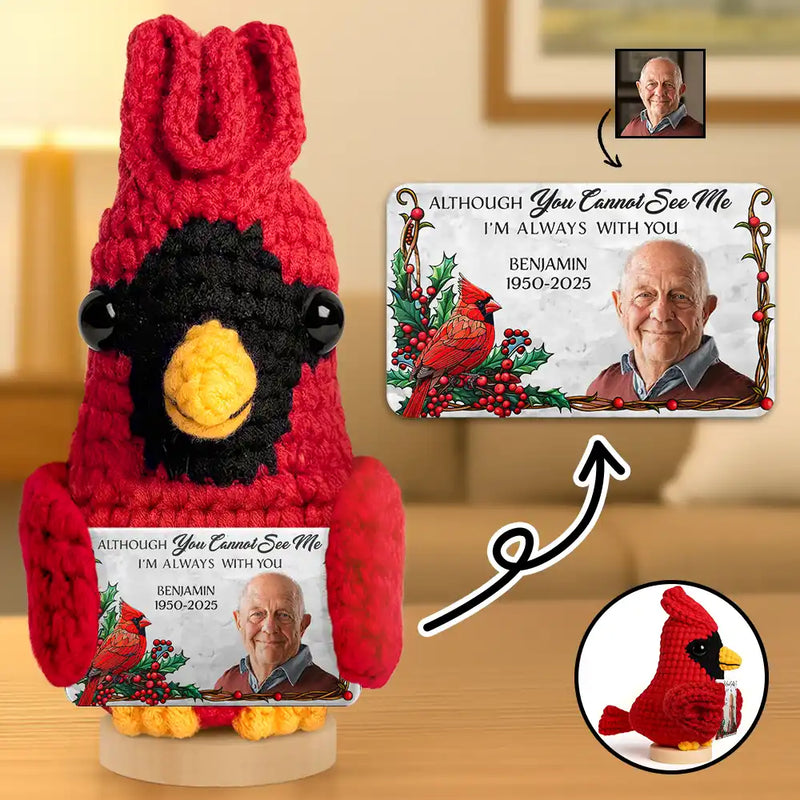 Family,Memorial,Sad - Custom Photo Memorial Although You Cannot See Me - Personalized Doll Crochet With Custom Card