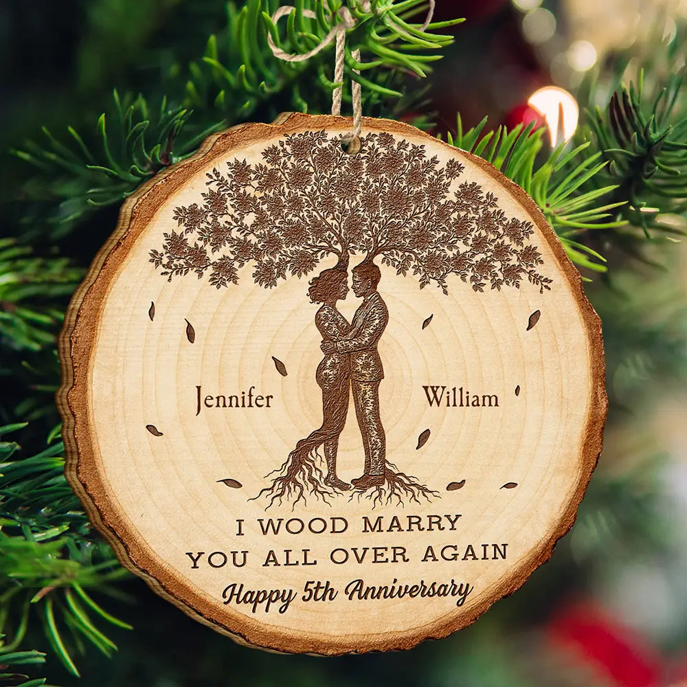Wedding Anniversary,Gift For Couples,Gift For Husband,Gift For Wife,Happy - I Wood Marry You All Over Again, 5th Anniversary - Personalized Custom Shaped Wooden Ornament