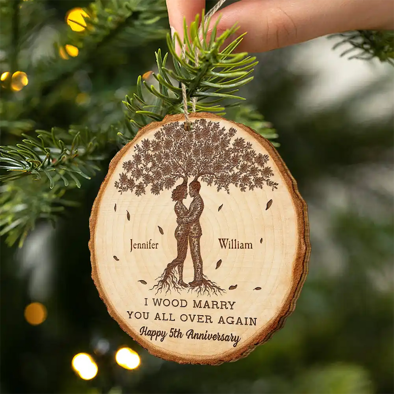 Wedding Anniversary,Gift For Couples,Gift For Husband,Gift For Wife,Happy - I Wood Marry You All Over Again, 5th Anniversary - Personalized Custom Shaped Wooden Ornament