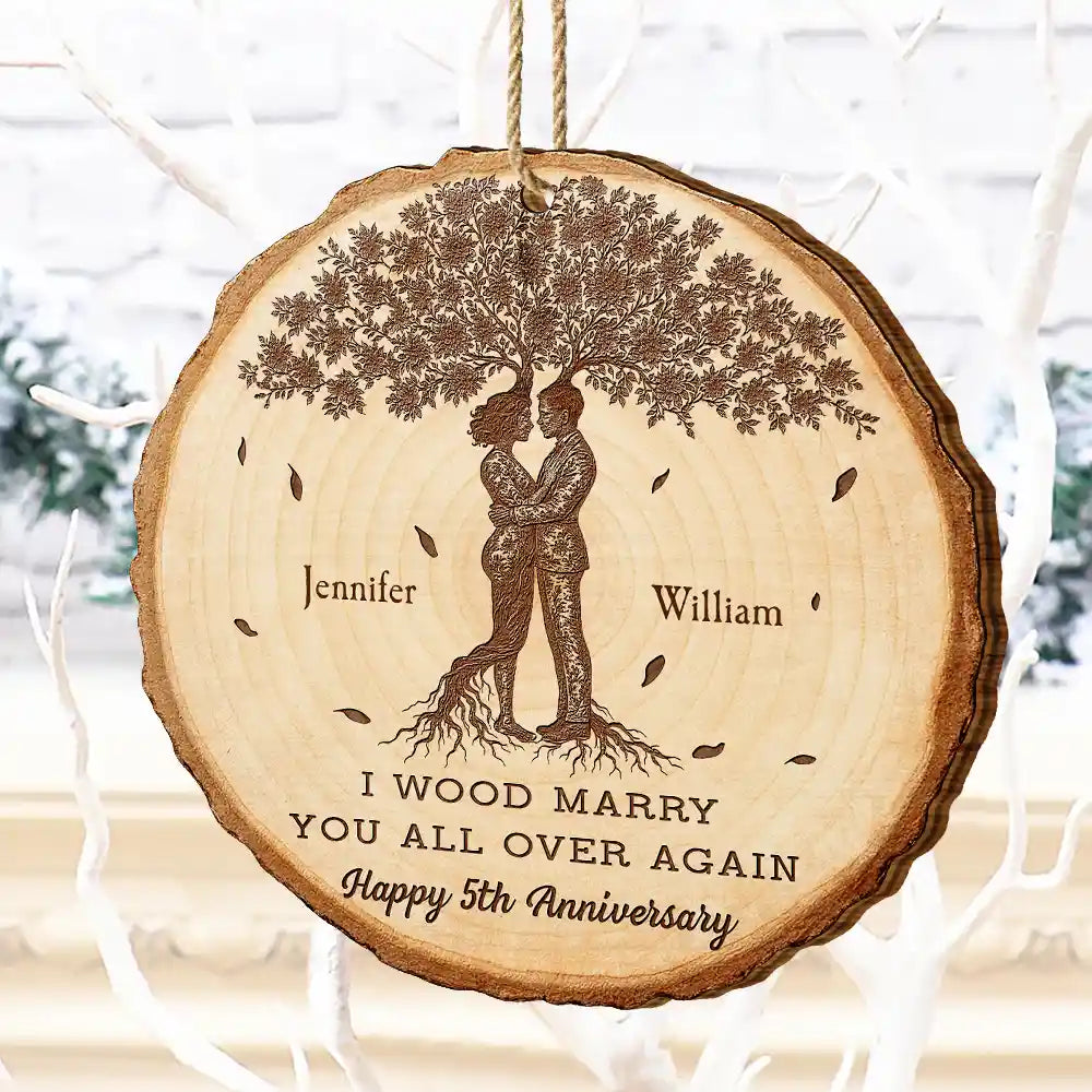 Wedding Anniversary,Gift For Couples,Gift For Husband,Gift For Wife,Happy - I Wood Marry You All Over Again, 5th Anniversary - Personalized Custom Shaped Wooden Ornament