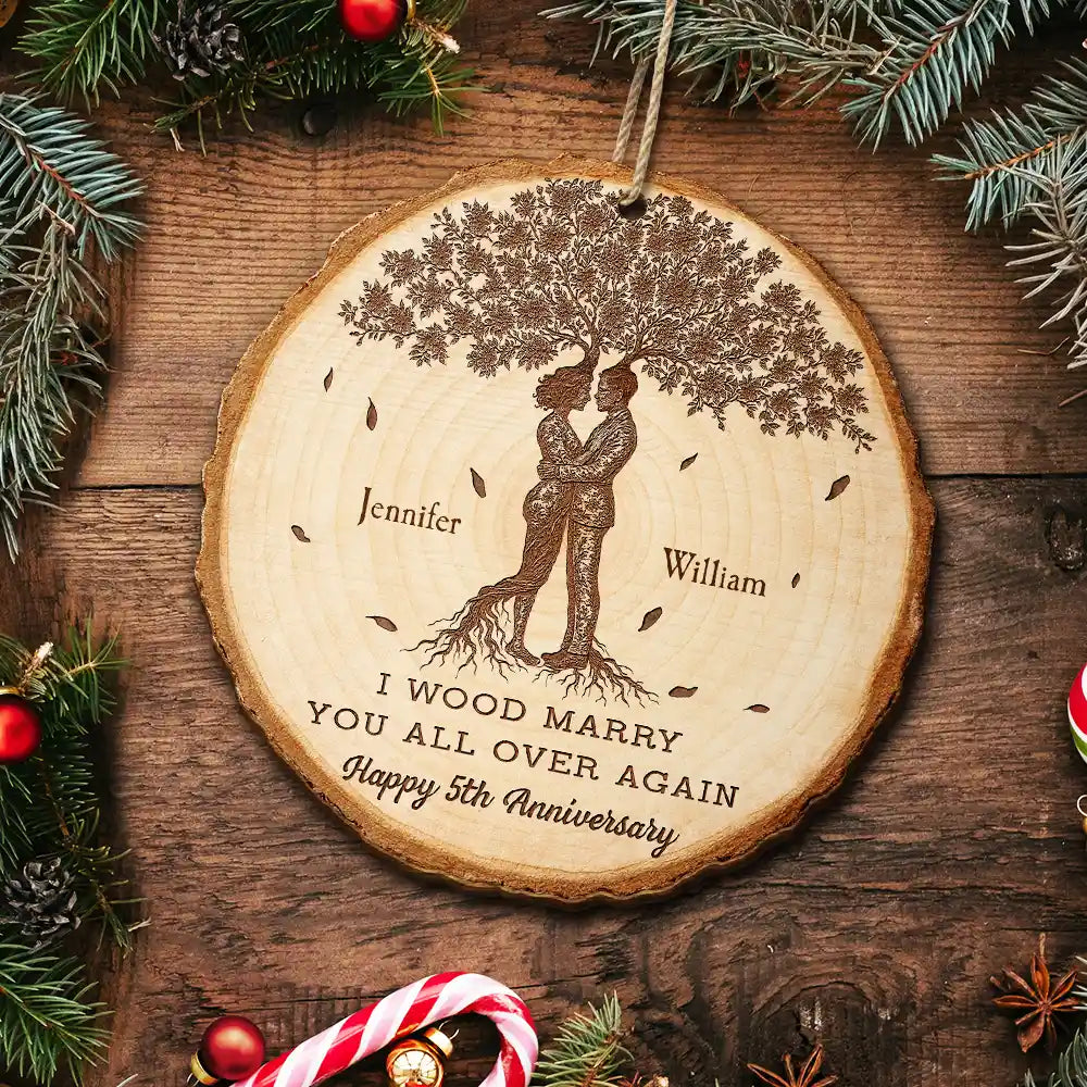 Wedding Anniversary,Gift For Couples,Gift For Husband,Gift For Wife,Happy - I Wood Marry You All Over Again, 5th Anniversary - Personalized Custom Shaped Wooden Ornament