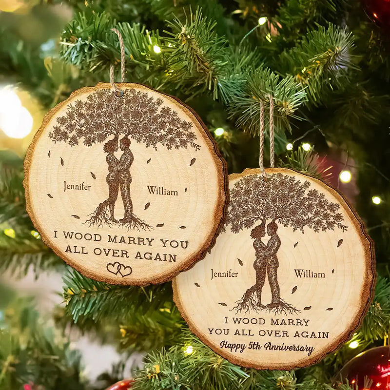 Wedding Anniversary,Gift For Couples,Gift For Husband,Gift For Wife,Happy - I Wood Marry You All Over Again, 5th Anniversary - Personalized Custom Shaped Wooden Ornament
