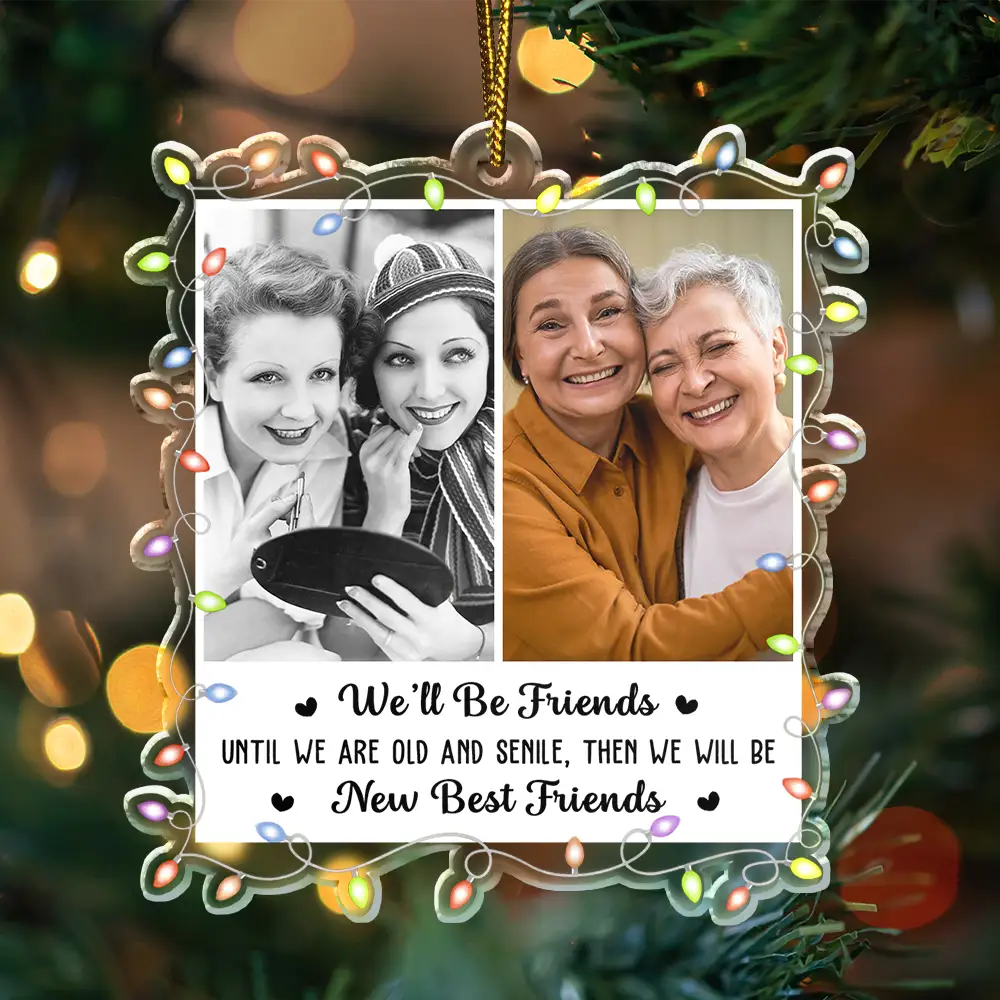 Gift For Bestie,Old Best friends,Gift For Sisters,Happy,Christmas,Custom Photo - Memorial Cardinal Stained Glass Moon - Personalized Metal Ornament