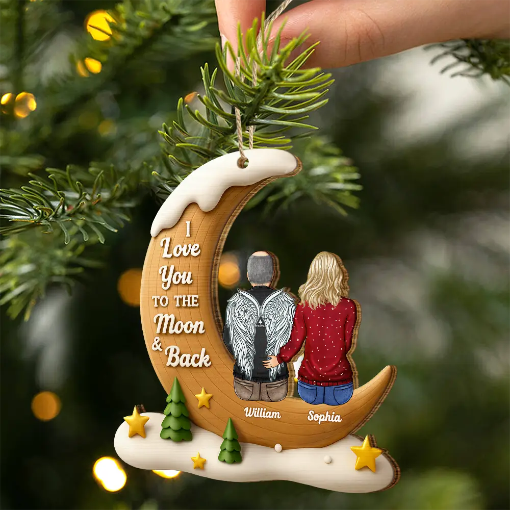Christmas,Family,Love - I Love You To The Moon And Back Family - Personalized Custom Shaped Wooden Ornament
