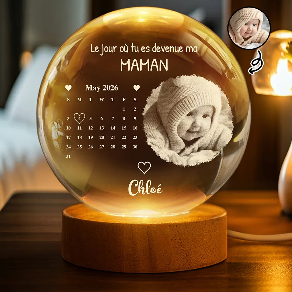 Gift For Wife,Parents,Gift For Yourself,Gift For Women,Gift For Mother,French,New Mom,New baby,Non-Eng,Photo,Calendar,Adorable - Photo Et Calendrier Personnalisables Devenue Ma Maman - Lampe Boule En Cristal Personnalisée