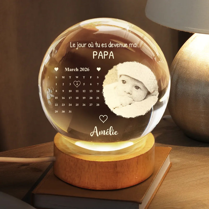 Gift For Wife,Parents,Gift For Yourself,Gift For Women,Gift For Mother,French,New Mom,New baby,Non-Eng,Photo,Calendar,Adorable - Photo Et Calendrier Personnalisables Devenue Ma Maman - Lampe Boule En Cristal Personnalisée