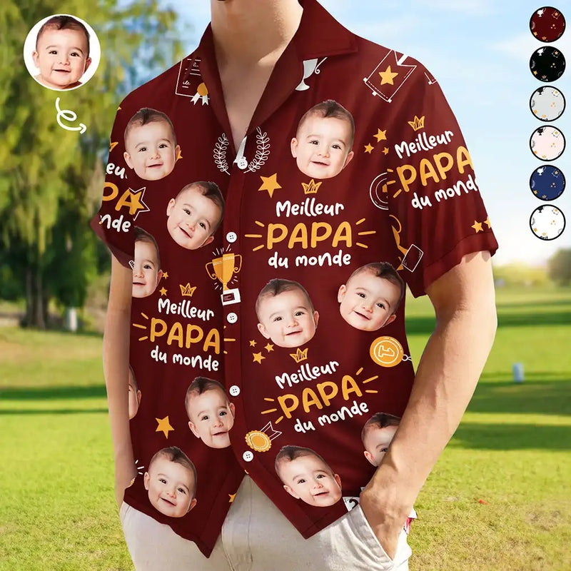 Gift For Father,Custom Photo,French,Non-Eng,Proud,Cut-Face Photo - Photo Personnalisable Meilleur Papa Du Monde Motif Trophée - Chemise Hawaïenne Personnalisée