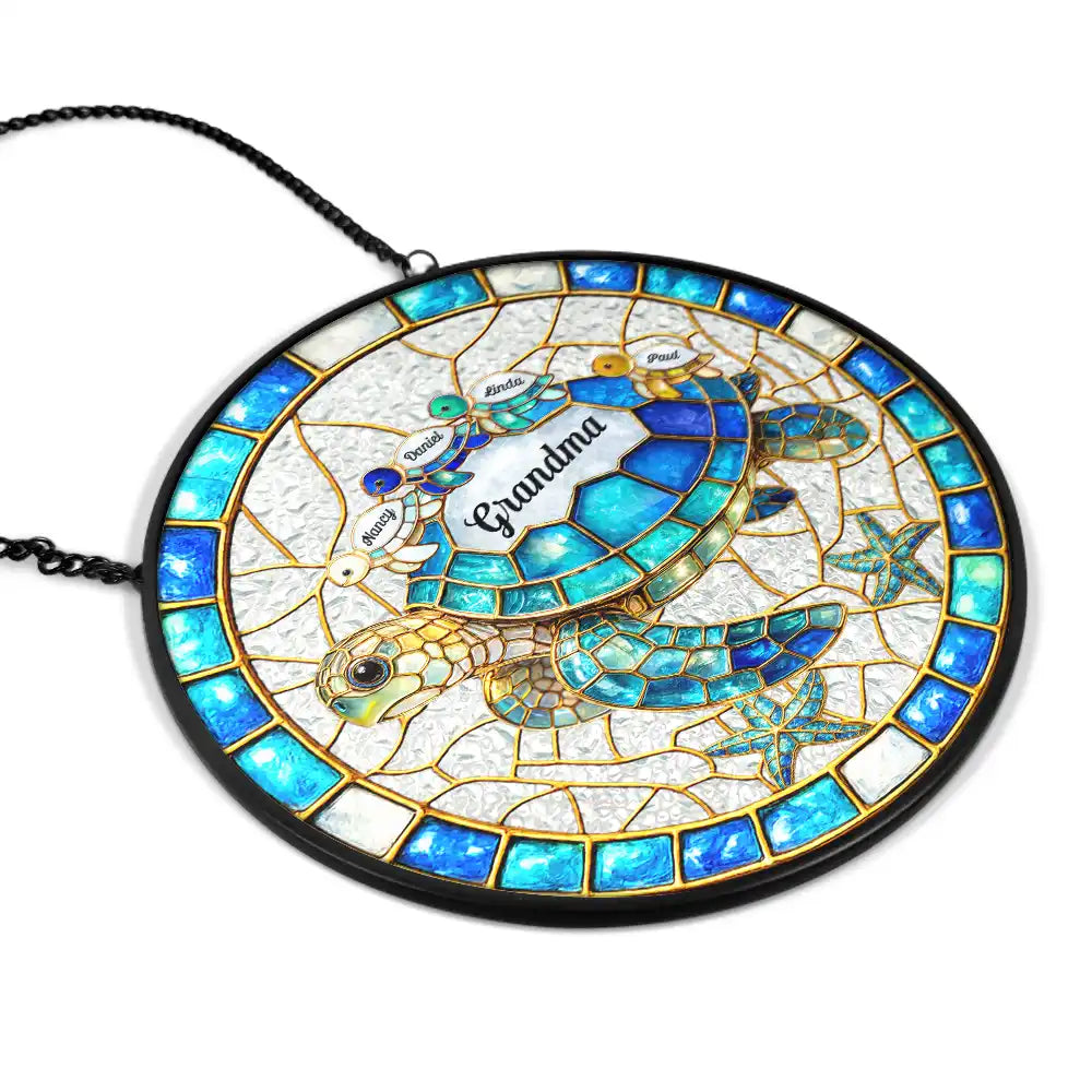 Gift For Grandma,Grandma - Grandkids,Gift For Mother,Beach,Happy,Non-Eng,Icon - Turtle Stained Glass Mom Grandma - Personalised Stained Glass Window Hanging Suncatcher