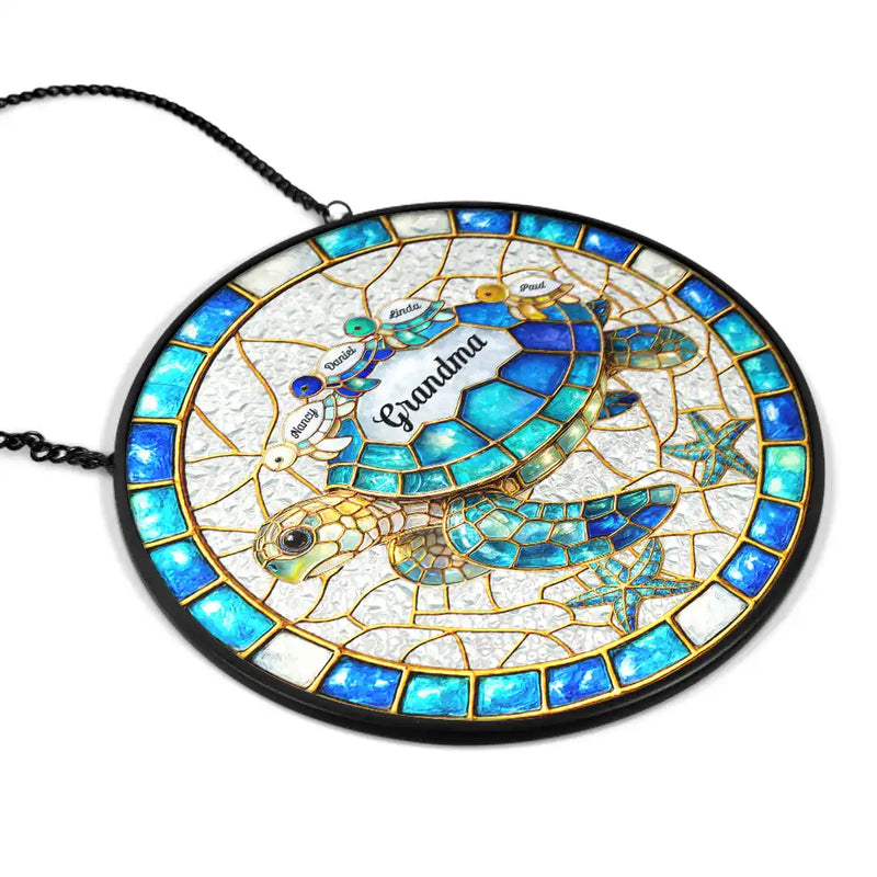 Gift For Grandma,Grandma - Grandkids,Gift For Mother,Beach,Happy,Non-Eng,Icon - Turtle Stained Glass Mom Grandma - Personalised Stained Glass Window Hanging Suncatcher
