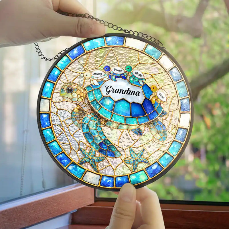 Gift For Grandma,Grandma - Grandkids,Gift For Mother,Beach,Happy,Non-Eng,Icon - Turtle Stained Glass Mom Grandma - Personalised Stained Glass Window Hanging Suncatcher