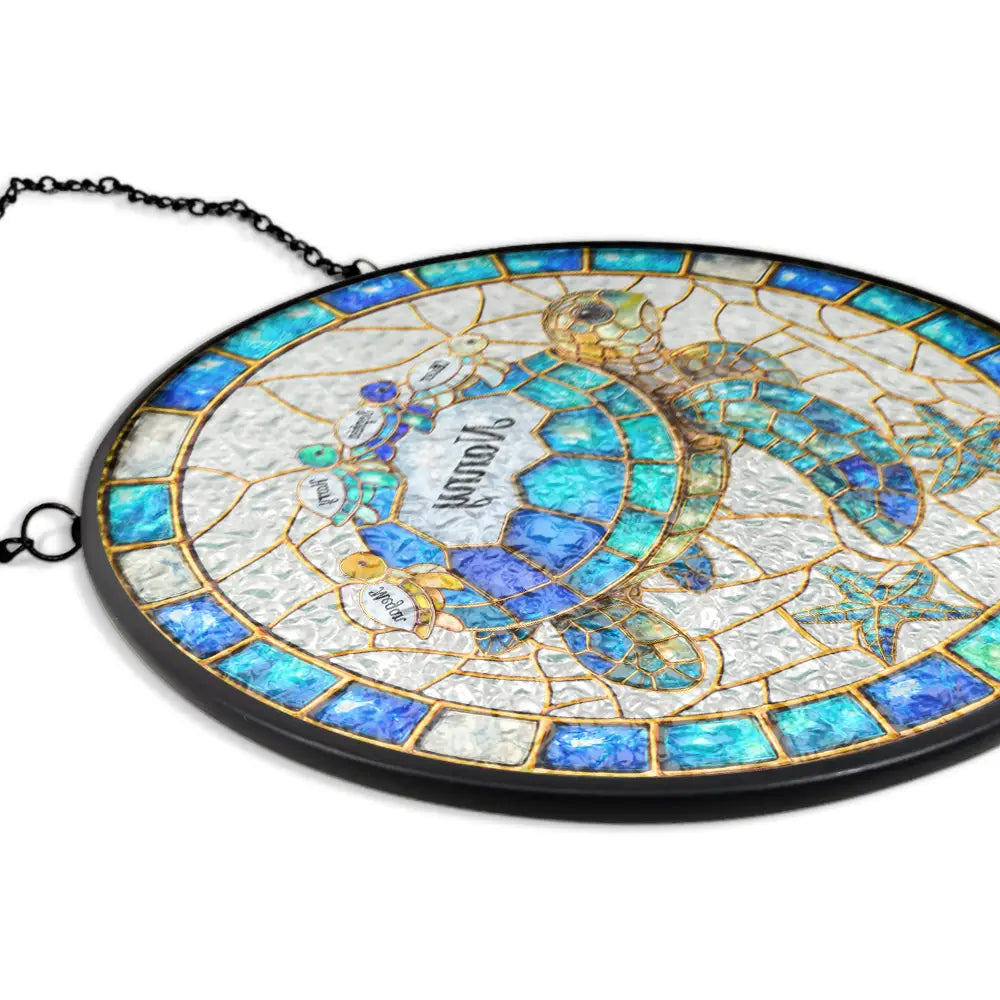Gift For Grandma,Grandma - Grandkids,Gift For Mother,Beach,Happy,Non-Eng,Icon - Turtle Stained Glass Mom Grandma - Personalised Stained Glass Window Hanging Suncatcher