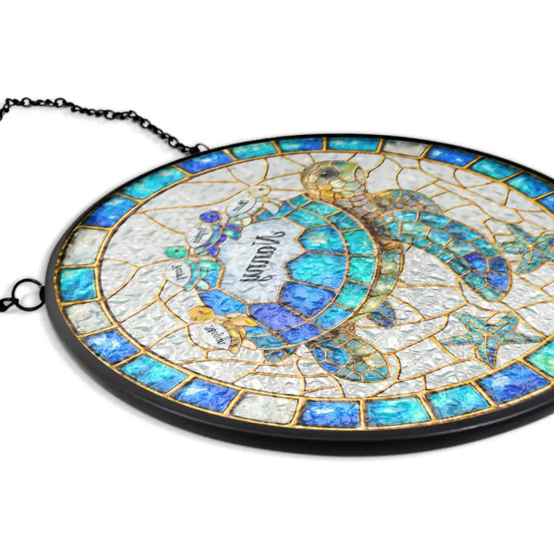 Gift For Grandma,Grandma - Grandkids,Gift For Mother,Beach,Happy,Non-Eng,Icon - Turtle Stained Glass Mom Grandma - Personalised Stained Glass Window Hanging Suncatcher