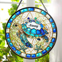 Gift For Grandma,Grandma - Grandkids,Gift For Mother,Beach,Happy,Non-Eng,Icon - Turtle Stained Glass Mom Grandma - Personalised Stained Glass Window Hanging Suncatcher