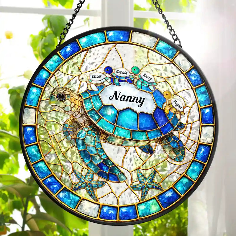 Gift For Grandma,Grandma - Grandkids,Gift For Mother,Beach,Happy,Non-Eng,Icon - Turtle Stained Glass Mom Grandma - Personalised Stained Glass Window Hanging Suncatcher
