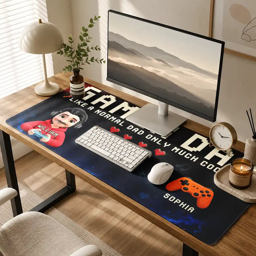 Gift For Father,Gaming,Dad - Children,Non-Eng,Vector,Humorous - Gamer Dad Only Much Cooler - Personalized Leather Desk Mat