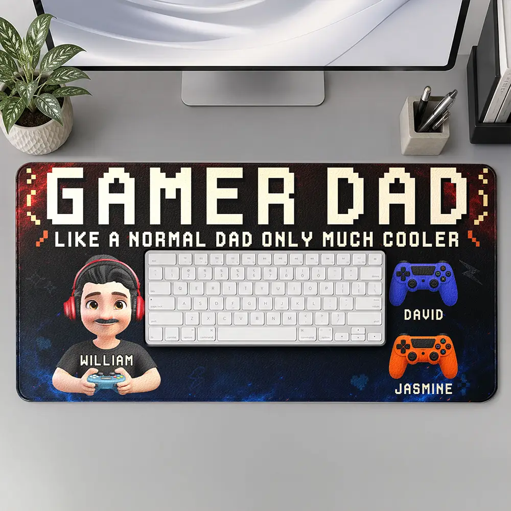 Gift For Father,Gaming,Dad - Children,Non-Eng,Vector,Humorous - Gamer Dad Only Much Cooler - Personalized Leather Desk Mat