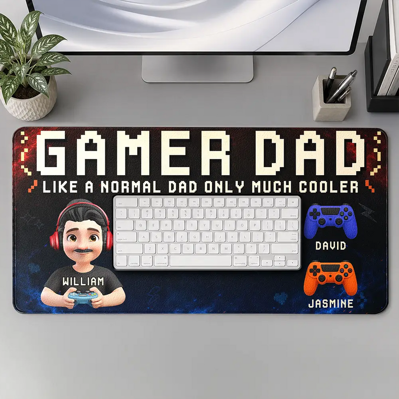 Gift For Father,Gaming,Dad - Children,Non-Eng,Vector,Humorous - Gamer Dad Only Much Cooler - Personalized Leather Desk Mat