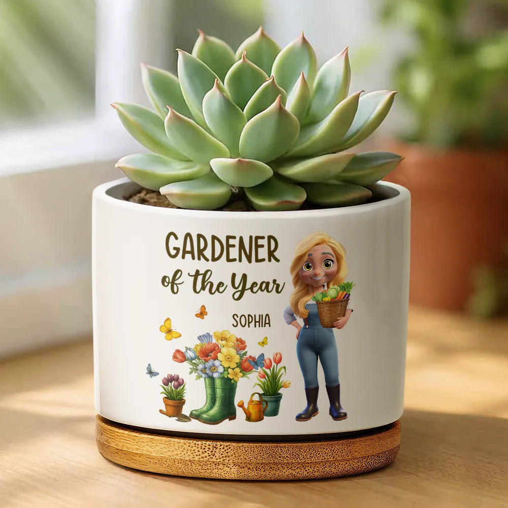 Gardening, Happy, Gift For Women - Gardener Of The Year - Personalized Ceramic Plant Pot