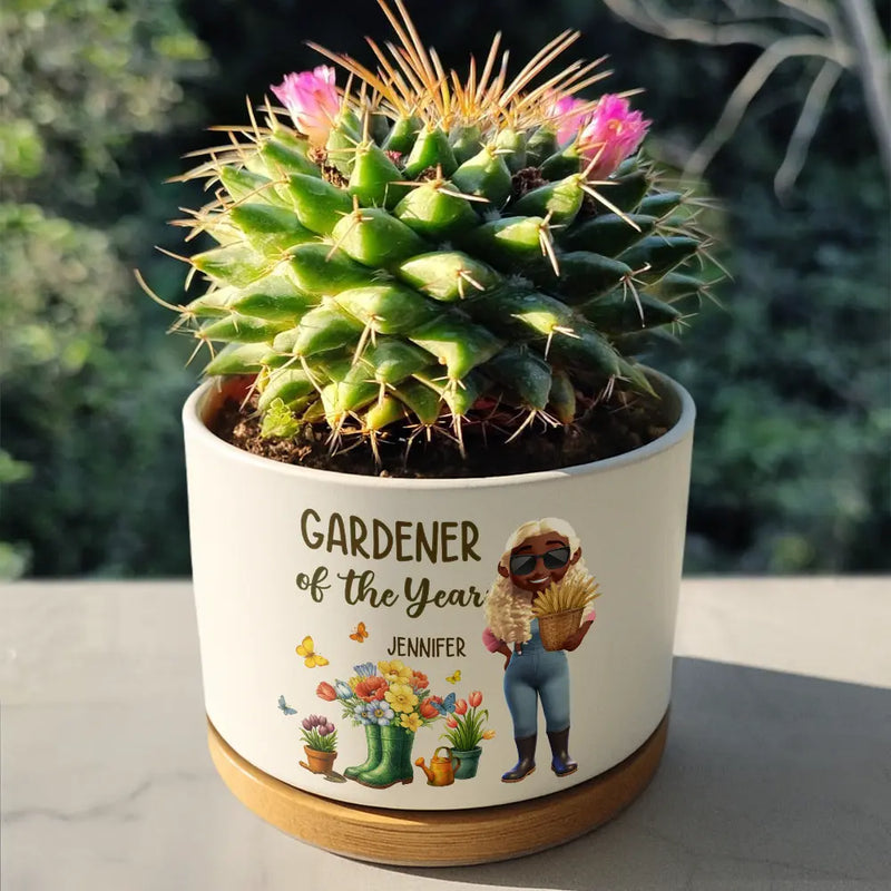 Gardening, Happy, Gift For Women - Gardener Of The Year - Personalized Ceramic Plant Pot