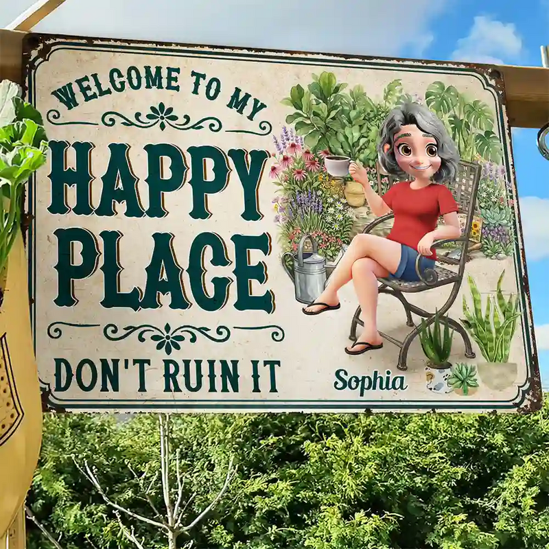 Gardening, Gift For Yourself, Gift For Women, Summer, Adorable, Vector - Gardening My Happy Place - Personalized Classic Metal Signs