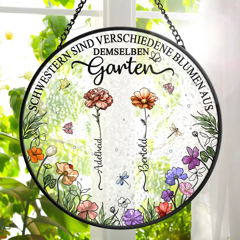 Geburtsblumen Schwestern Besties Aus Demselben Garten - Personalisierter Buntglas-Fenster-Sonnenfänger Zum Aufhängen