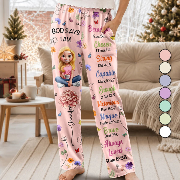 Gift For Christian Women - Personalized Birth Month Flower God Says I Am Pajama Pants