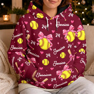 Christmas,Gift For Women,Gift For Yourself,Gifts For Her,Happy,Icon,Softball - Gift For Softball Player - Personalized Name Number Coquette Bow Fleece Hoodie