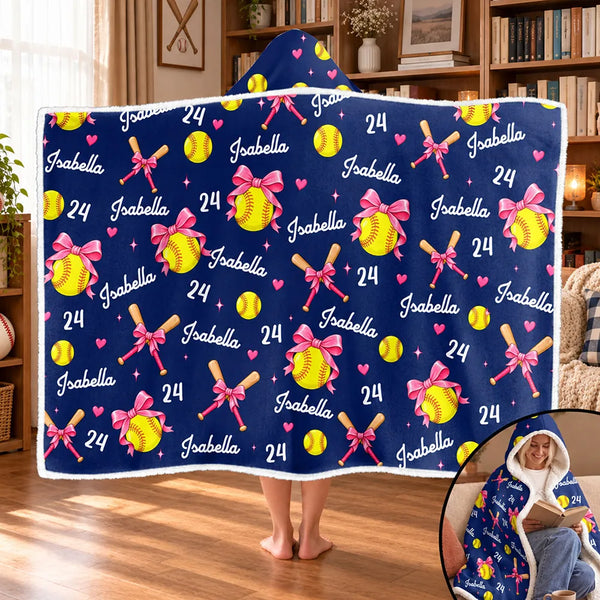 Christmas,Gift For Women,Gift For Yourself,Gifts For Her,Happy,Icon,Softball - Gift For Softball Player - Personalized Name Number Coquette Bow Wearable Hooded Blanket