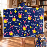 Christmas,Gift For Women,Gift For Yourself,Gifts For Her,Happy,Icon,Softball - Gift For Softball Player - Personalized Name Number Coquette Bow Wearable Hooded Blanket