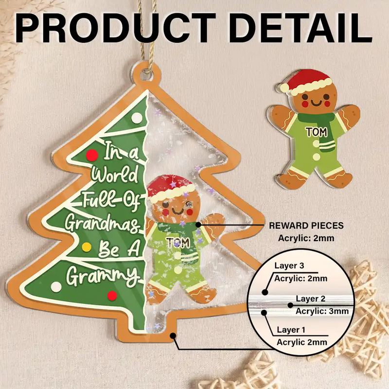 Gift For Grandma, Gift For Women, Christmas, Love - Gingerbread Cookie World Full Of Grandmas - Personalized 3-Layered Acrylic Shaker Ornament