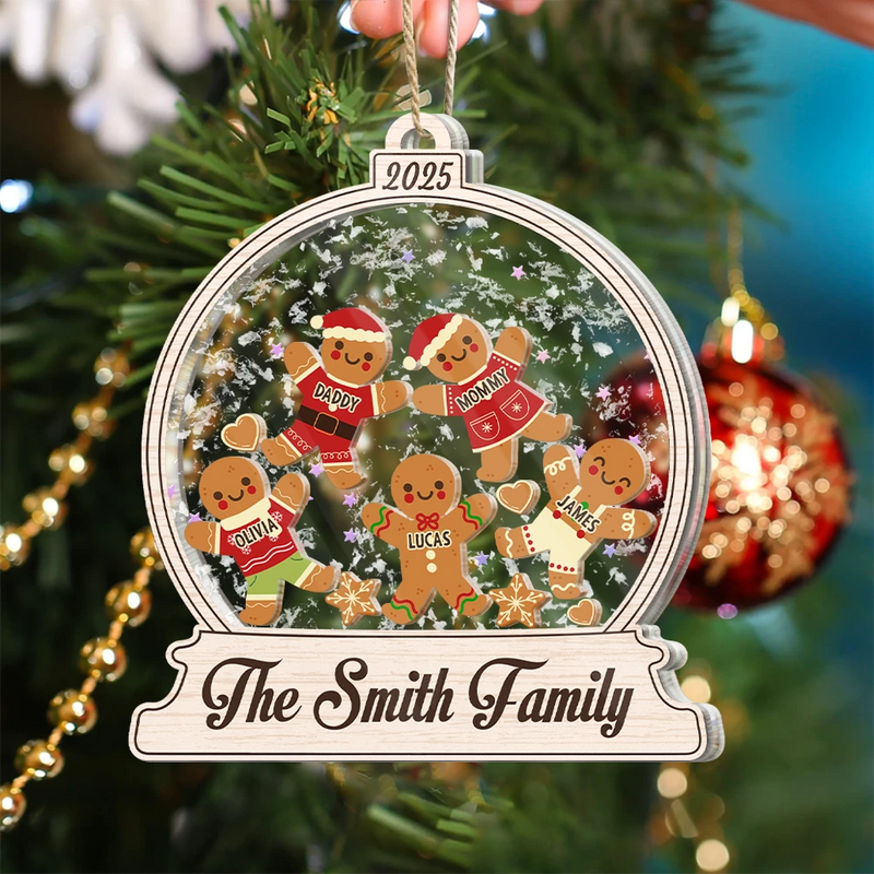 Christmas,Family,Happy - Gingerbread Family Shaker - Personalized 3-Layered Acrylic Shaker Ornament
