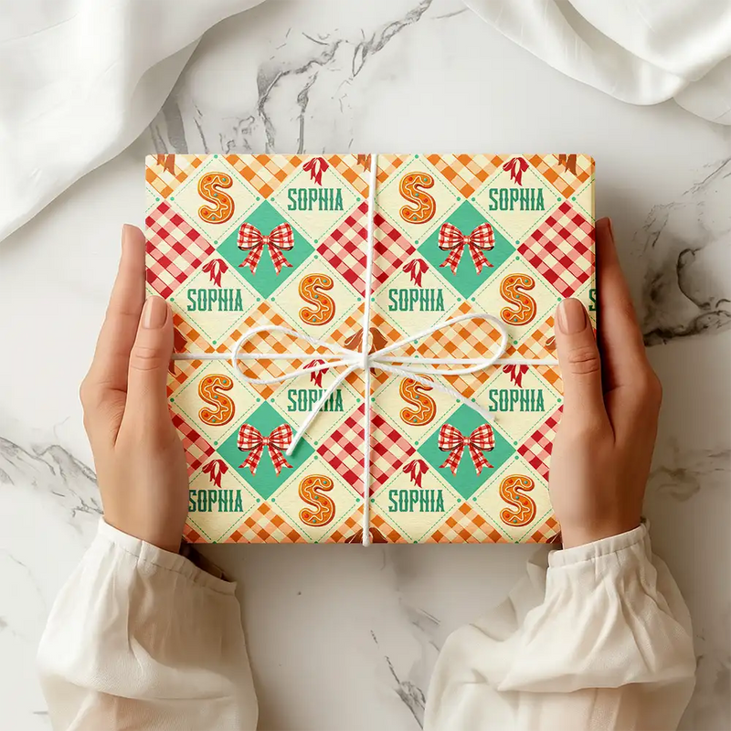 Family,Gift For Bestie,Happy - Gingerbread Initial Custom Name With Bow And Plaid - Personalized Wrapping Paper