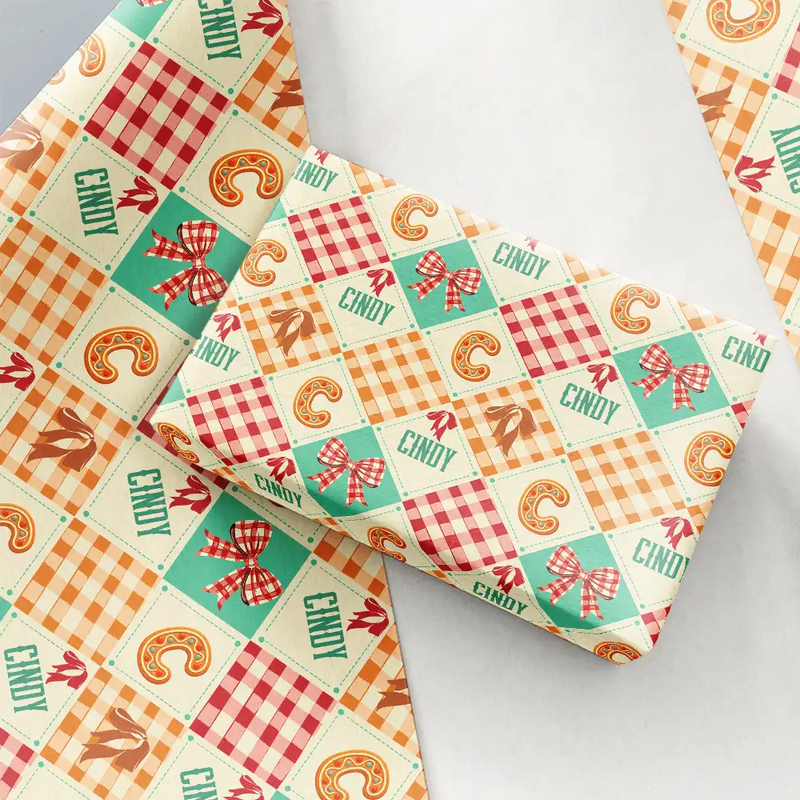 Family,Gift For Bestie,Happy - Gingerbread Initial Custom Name With Bow And Plaid - Personalized Wrapping Paper
